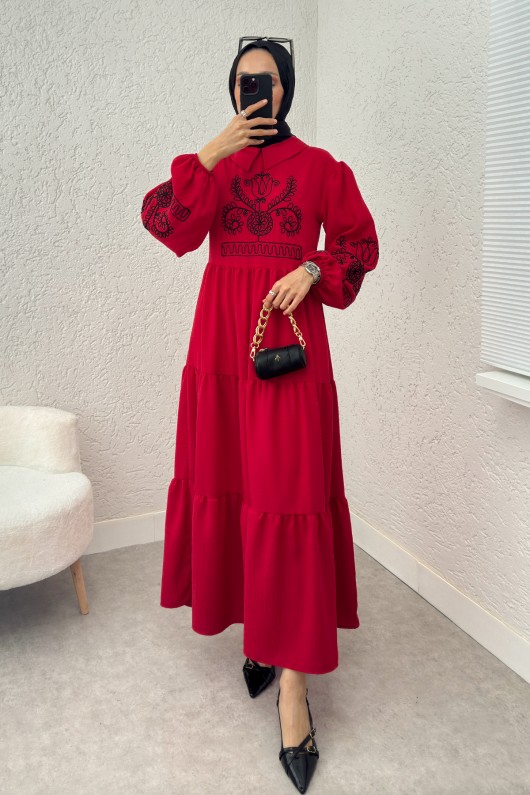 Nakışlı Kat Kat Elbise 2224 - KIRMIZI