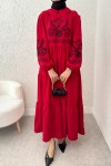 Nakışlı Kat Kat Elbise 2224 - KIRMIZI