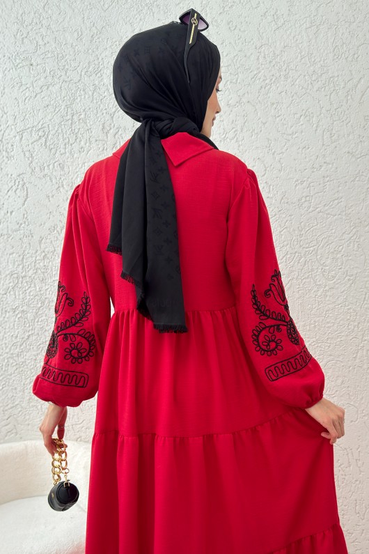 Nakışlı Kat Kat Elbise 2224 - KIRMIZI
