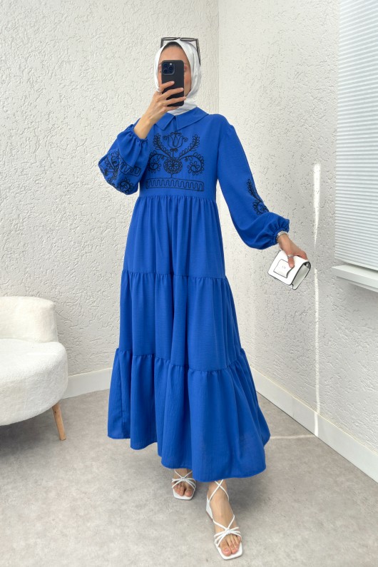 Nakışlı Kat Kat Elbise 2224 - SAKS MAVİSİ