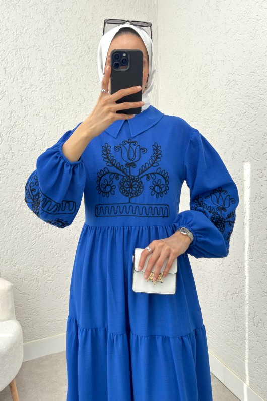Nakışlı Kat Kat Elbise 2224 - SAKS MAVİSİ