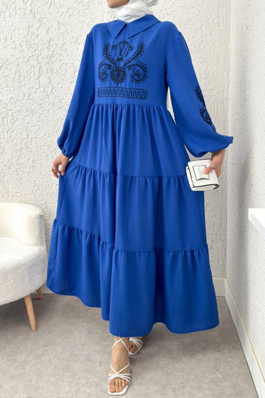 Nakışlı Kat Kat Elbise 2224 - SAKS MAVİSİ