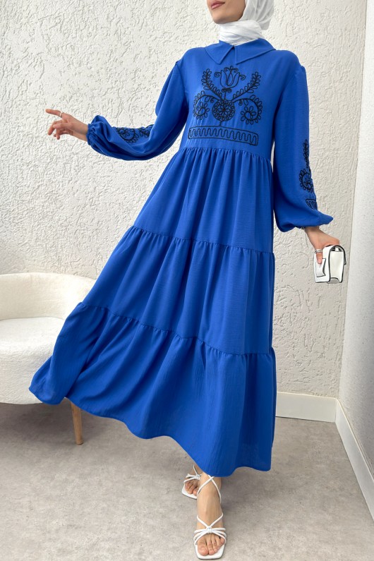 Nakışlı Kat Kat Elbise 2224 - SAKS MAVİSİ