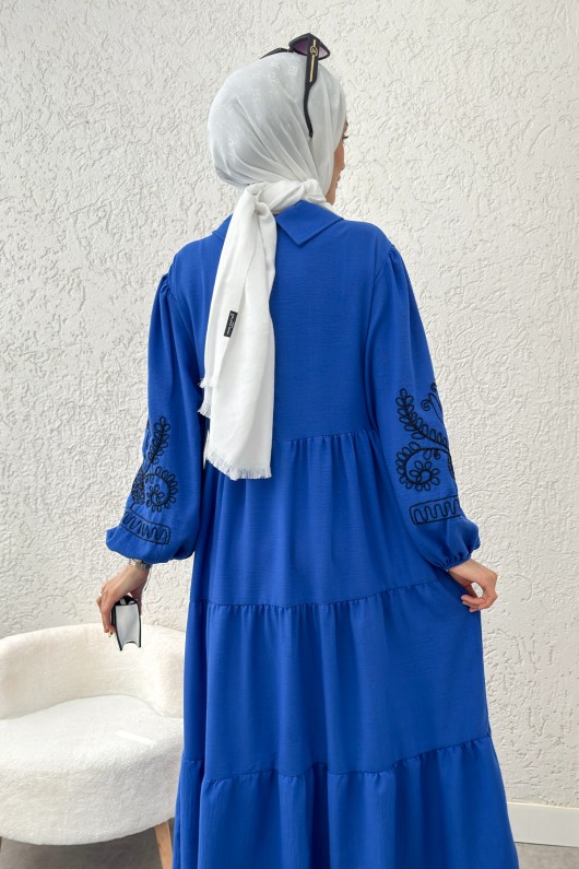 Nakışlı Kat Kat Elbise 2224 - SAKS MAVİSİ