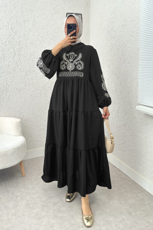 Nakışlı Kat Kat Elbise 2224 - SİYAH Nakışlı Kat Kat Elbise 2224 - SİYAH