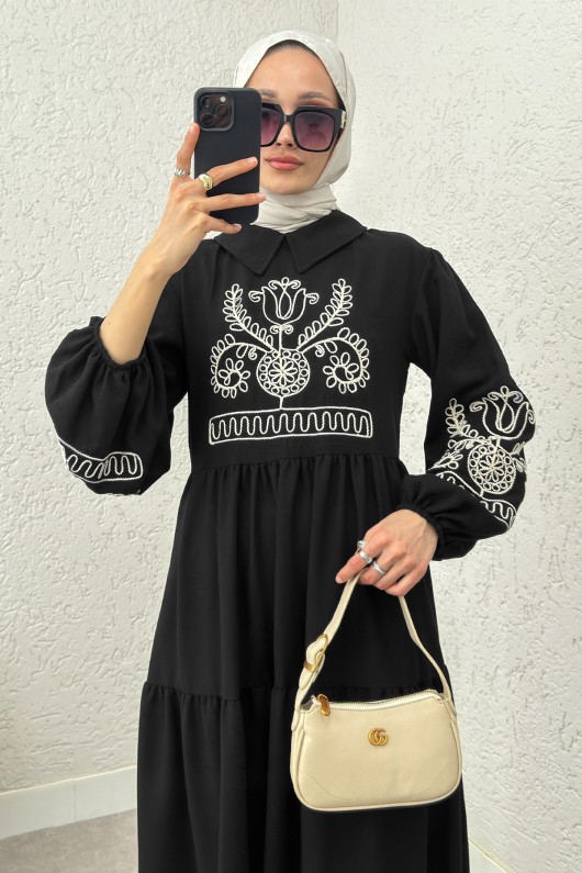 Nakışlı Kat Kat Elbise 2224 - SİYAH Nakışlı Kat Kat Elbise 2224 - SİYAH