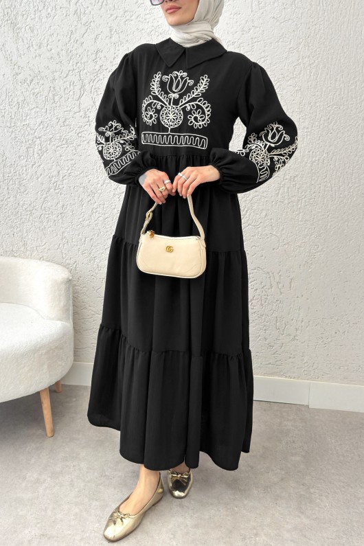 Nakışlı Kat Kat Elbise 2224 - SİYAH Nakışlı Kat Kat Elbise 2224 - SİYAH