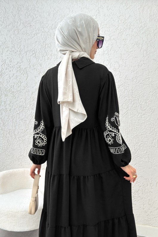 Nakışlı Kat Kat Elbise 2224 - SİYAH Nakışlı Kat Kat Elbise 2224 - SİYAH