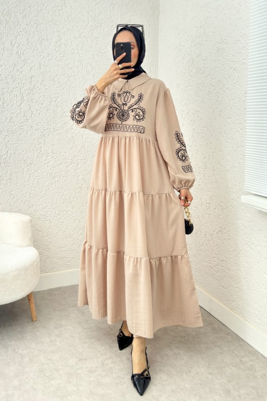 Nakışlı Kat Kat Elbise 2224 - TAŞ RENGİ Nakışlı Kat Kat Elbise 2224 - TAŞ RENGİ