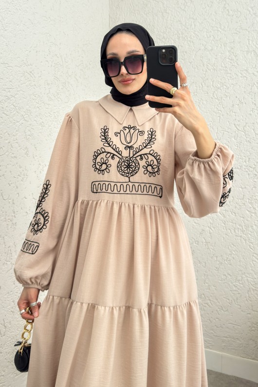 Nakışlı Kat Kat Elbise 2224 - TAŞ RENGİ Nakışlı Kat Kat Elbise 2224 - TAŞ RENGİ