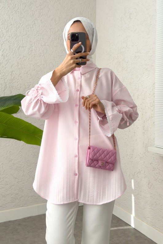 Kolu Fisto Nakışlı Gömlek 2226 - PEMBE Kolu Fisto Nakışlı Gömlek 2226 - PEMBE