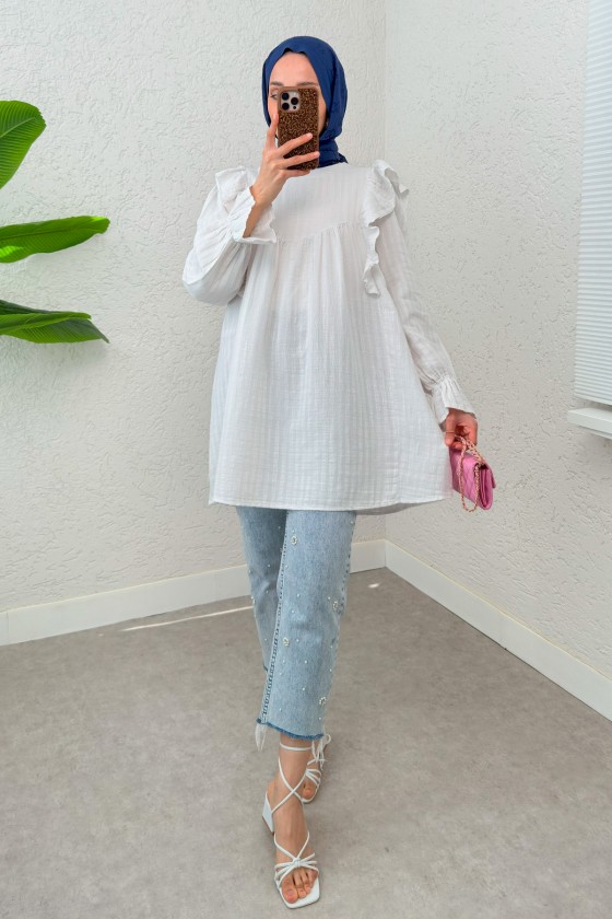 Omuz Fırfır Detaylı Tunik 2232 - BEYAZ