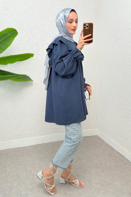 Omuz Fırfır Detaylı Tunik 2232 - İNDİGO Omuz Fırfır Detaylı Tunik 2232 - İNDİGO