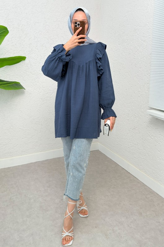 Omuz Fırfır Detaylı Tunik 2232 - İNDİGO Omuz Fırfır Detaylı Tunik 2232 - İNDİGO