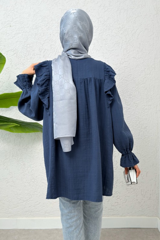 Omuz Fırfır Detaylı Tunik 2232 - İNDİGO Omuz Fırfır Detaylı Tunik 2232 - İNDİGO