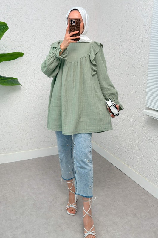 Omuz Fırfır Detaylı Tunik 2232 - MİNT YEŞİLİ
