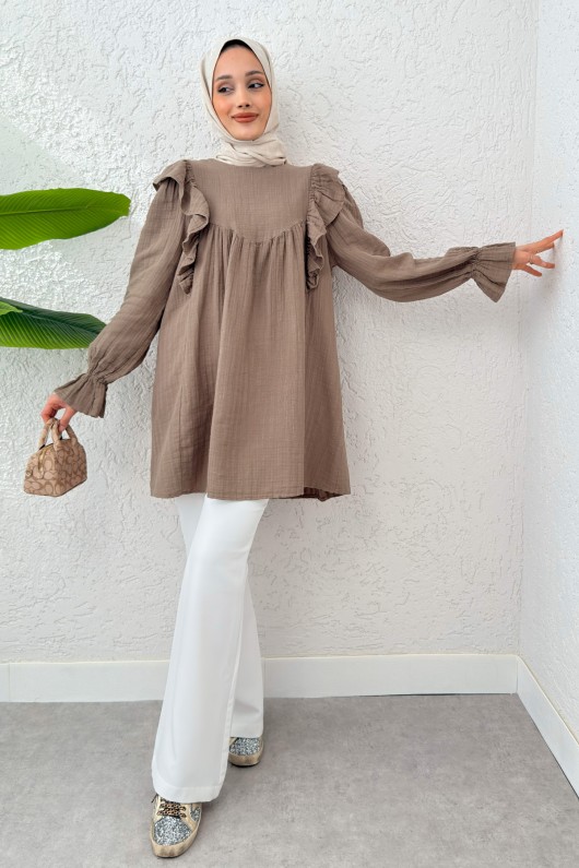 Omuz Fırfır Detaylı Tunik 2232 - VİZON Omuz Fırfır Detaylı Tunik 2232 - VİZON