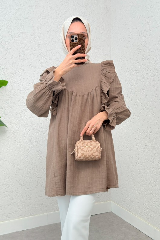 Omuz Fırfır Detaylı Tunik 2232 - VİZON Omuz Fırfır Detaylı Tunik 2232 - VİZON