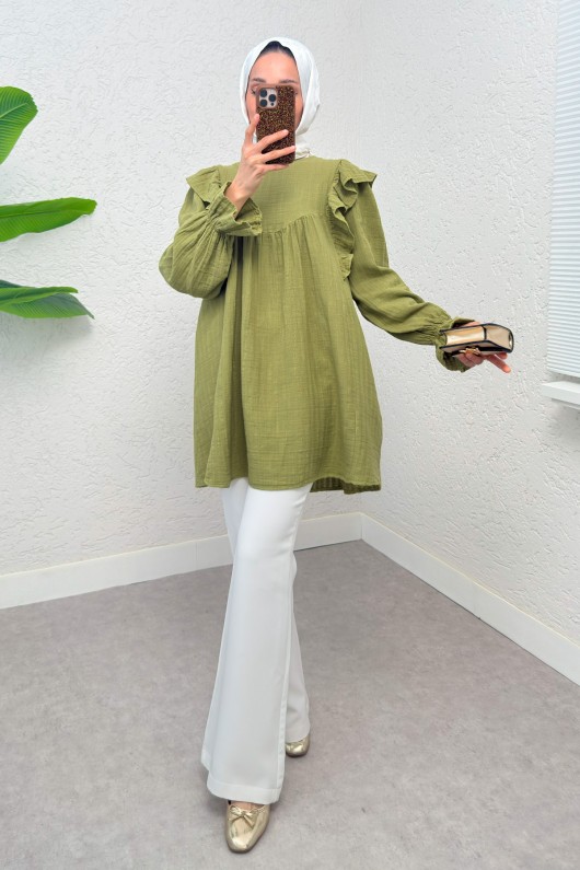 Omuz Fırfır Detaylı Tunik 2232 - YEŞİL Omuz Fırfır Detaylı Tunik 2232 - YEŞİL