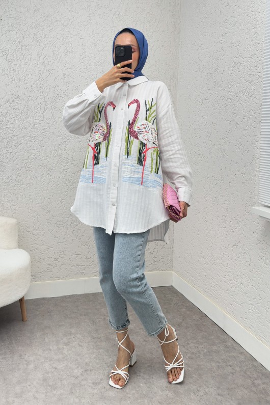 Kuğu Nakışlı Tunik 2233 - BEYAZ