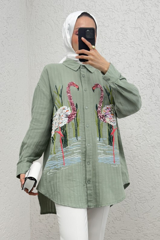 Kuğu Nakışlı Tunik 2233 - MİNT YEŞİLİ