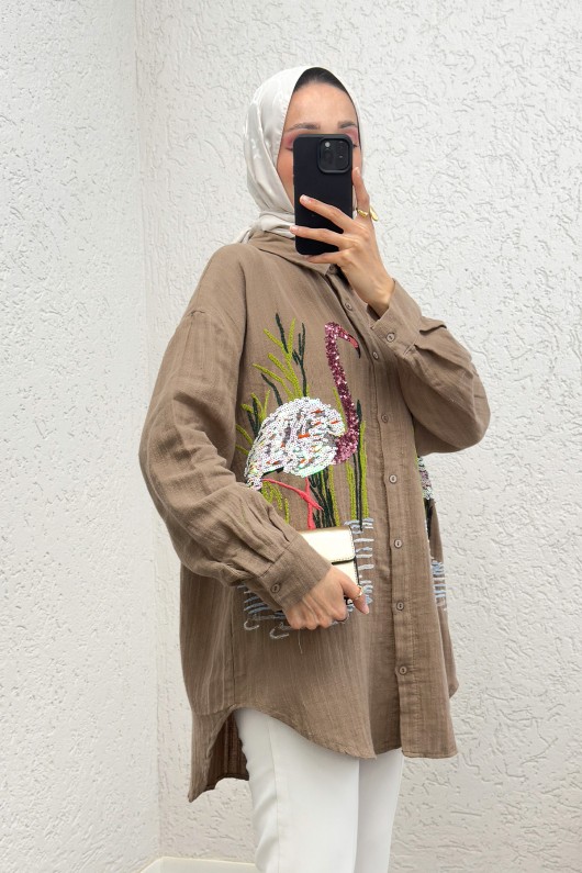 Kuğu Nakışlı Tunik 2233 - VİZON Kuğu Nakışlı Tunik 2233 - VİZON