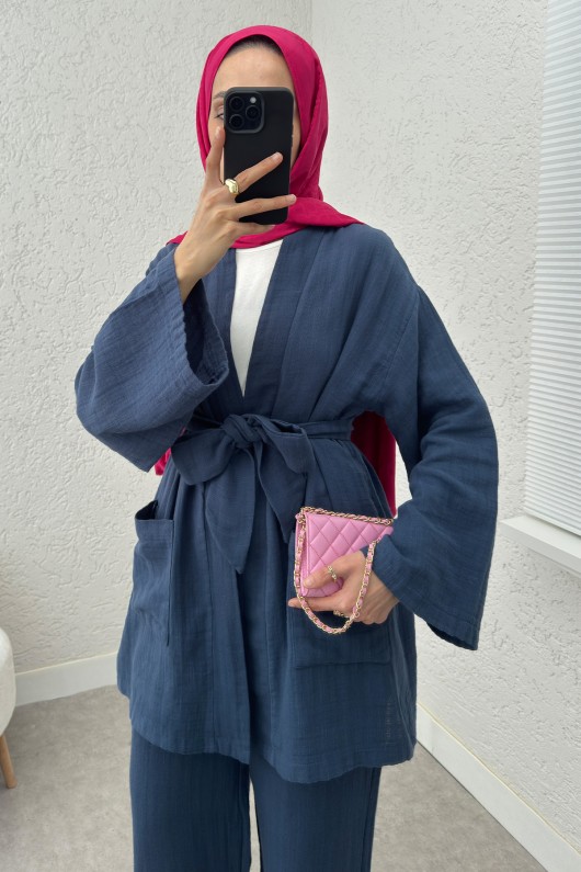 Ceday Yaka Kimono Takım 2234 - LACİVERT