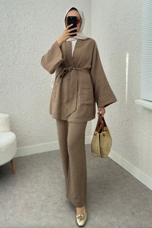 Ceday Yaka Kimono Takım 2234 - VİZON