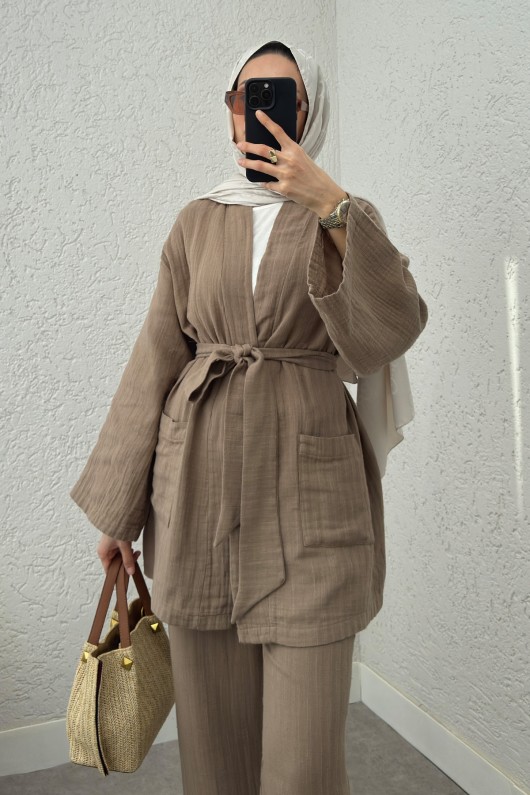 Ceday Yaka Kimono Takım 2234 - VİZON