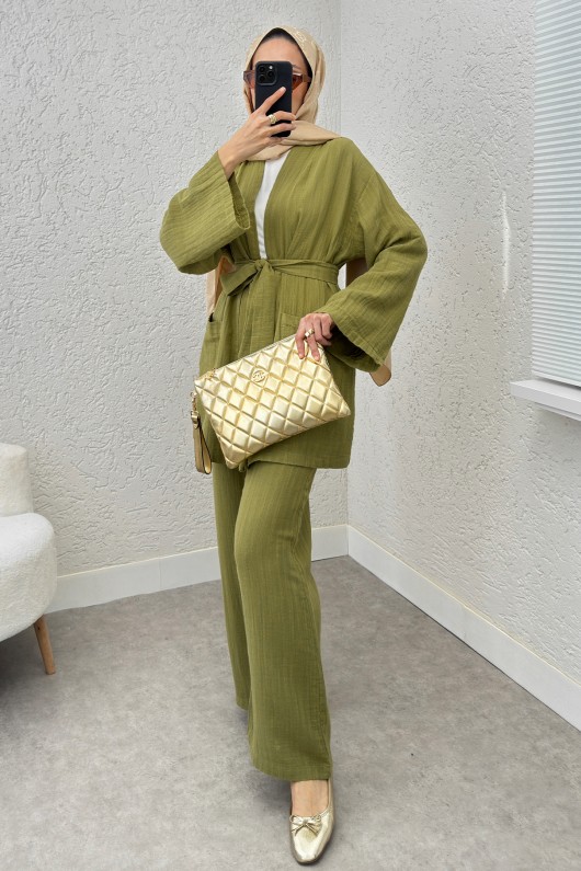Ceday Yaka Kimono Takım 2234 - YAĞ YEŞİLİ