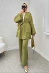 Ceday Yaka Kimono Takım 2234 - YAĞ YEŞİLİ