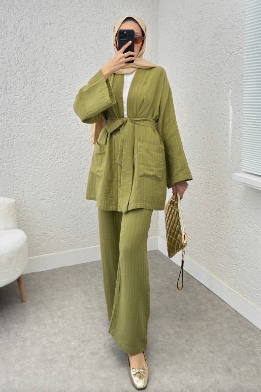Ceday Yaka Kimono Takım 2234 - YAĞ YEŞİLİ
