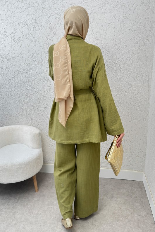 Ceday Yaka Kimono Takım 2234 - YAĞ YEŞİLİ