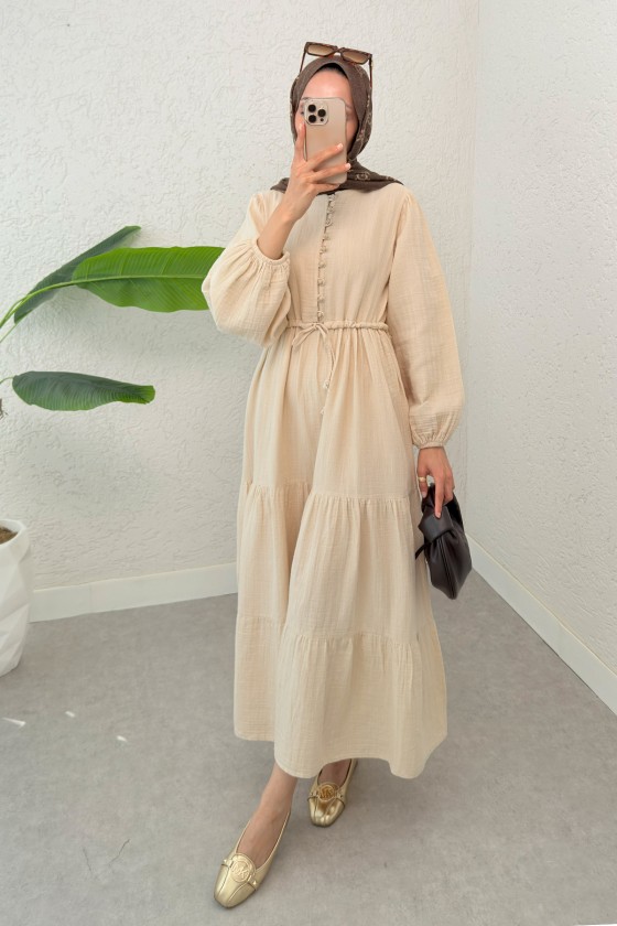 Birit Düğme Detaylı Elbise 2237 - BEj