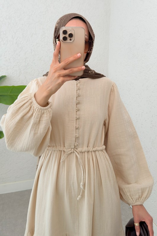 Birit Düğme Detaylı Elbise 2237 - BEj