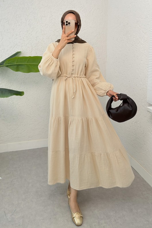 Birit Düğme Detaylı Elbise 2237 - BEj