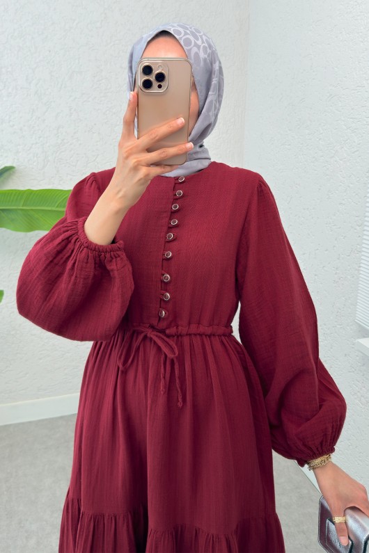 Birit Düğme Detaylı Elbise 2237 - BORDO