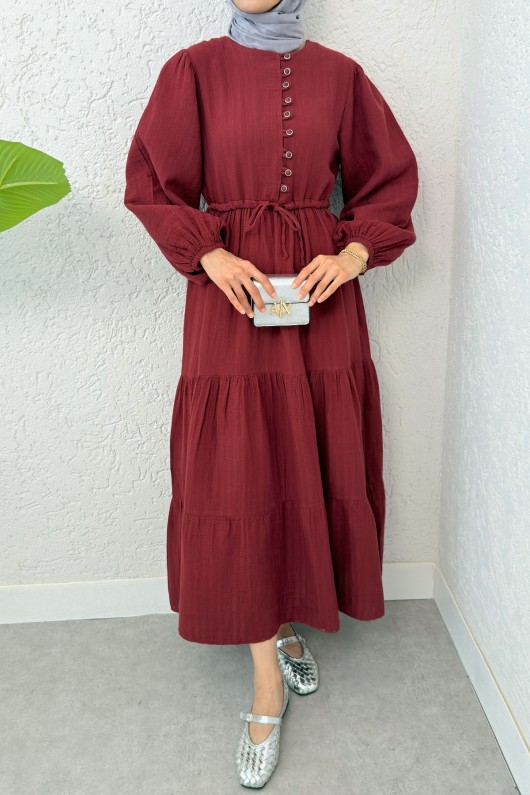 Birit Düğme Detaylı Elbise 2237 - BORDO