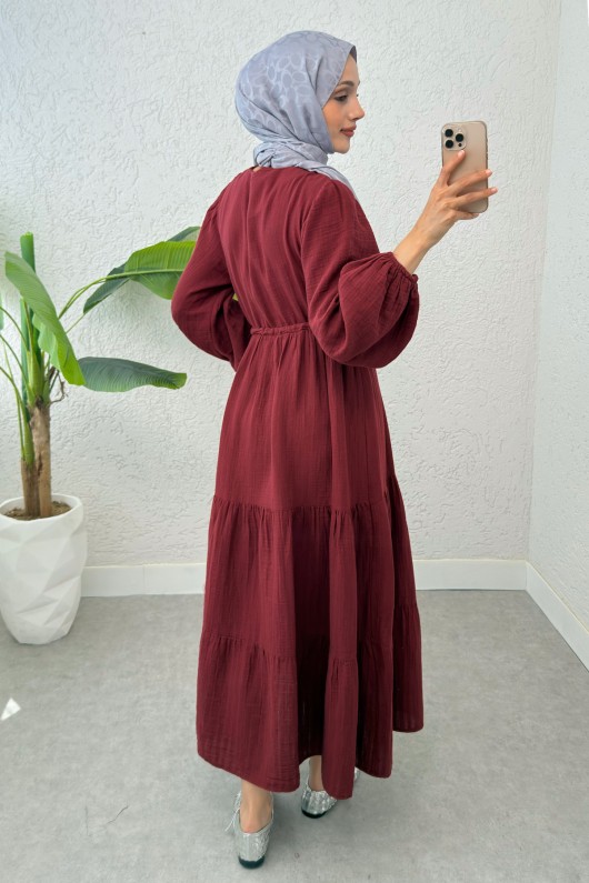 Birit Düğme Detaylı Elbise 2237 - BORDO