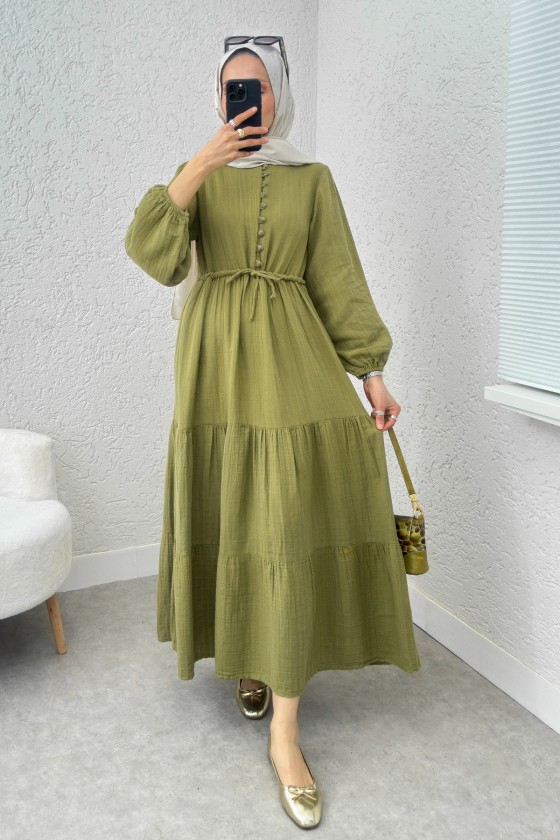 Birit Düğme Detaylı Elbise 2237 - FISTIK YEŞİLİ