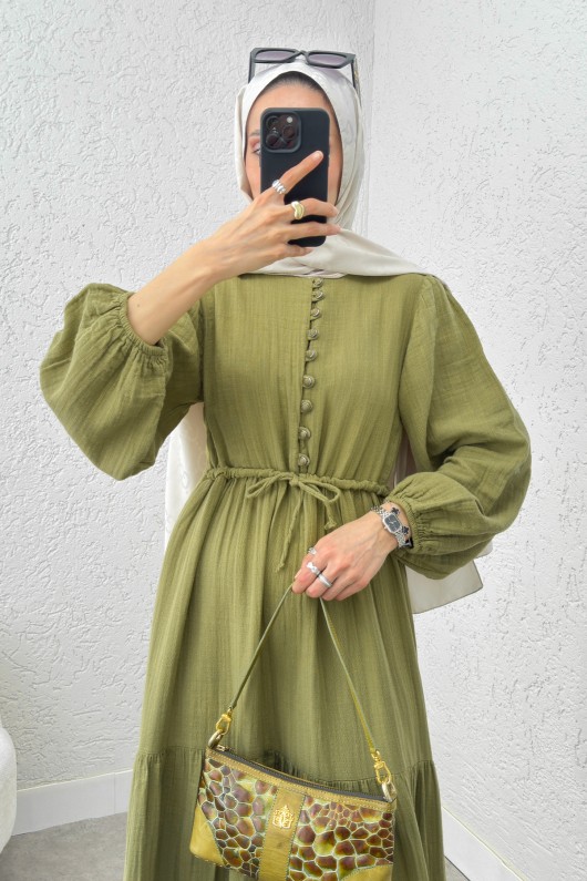 Birit Düğme Detaylı Elbise 2237 - FISTIK YEŞİLİ