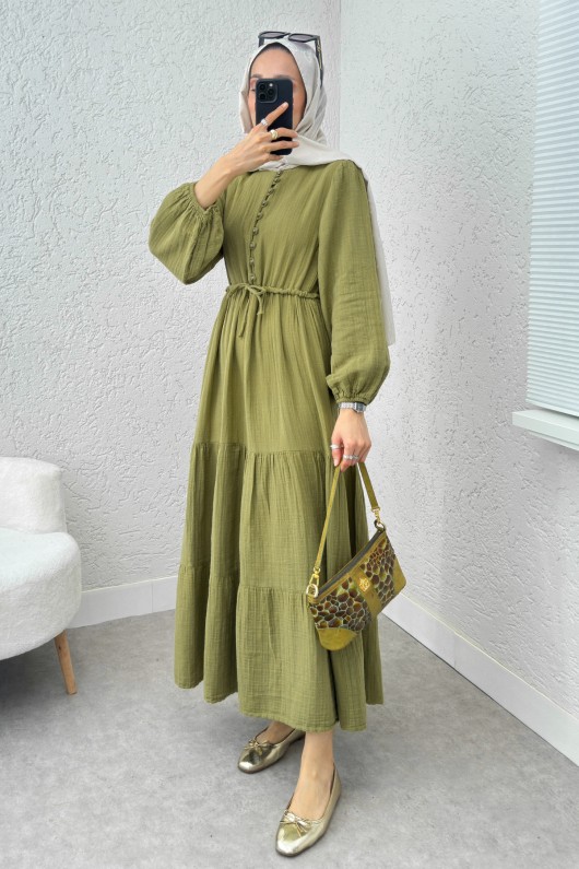 Birit Düğme Detaylı Elbise 2237 - FISTIK YEŞİLİ