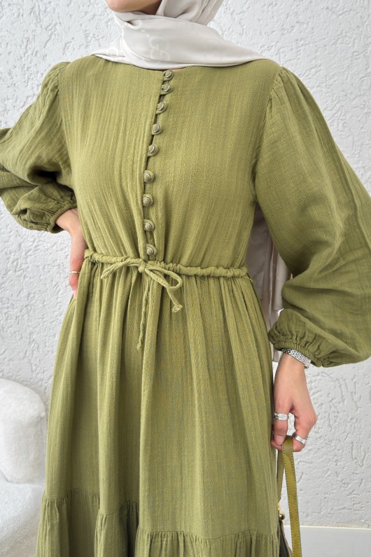 Birit Düğme Detaylı Elbise 2237 - FISTIK YEŞİLİ