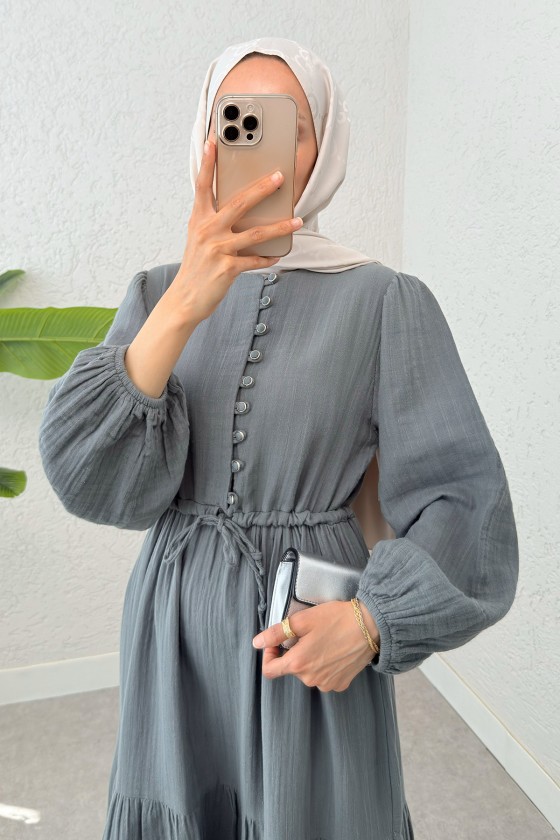 Birit Düğme Detaylı Elbise 2237 - FÜME