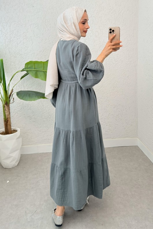 Birit Düğme Detaylı Elbise 2237 - FÜME Birit Düğme Detaylı Elbise 2237 - FÜME