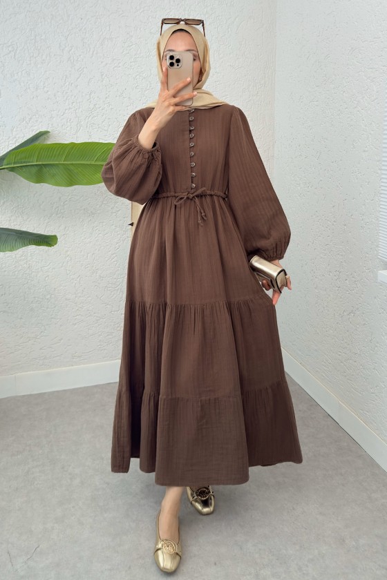 Birit Düğme Detaylı Elbise 2237 - KAHVERENGİ