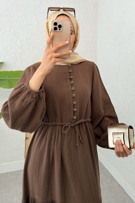 Birit Düğme Detaylı Elbise 2237 - KAHVERENGİ