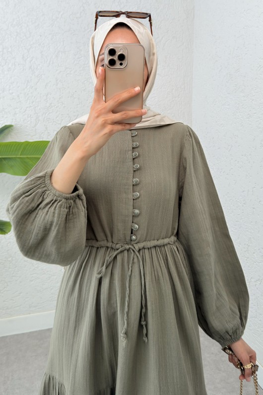 Birit Düğme Detaylı Elbise 2237 - KÜF YEŞİLİ Birit Düğme Detaylı Elbise 2237 - KÜF YEŞİLİ