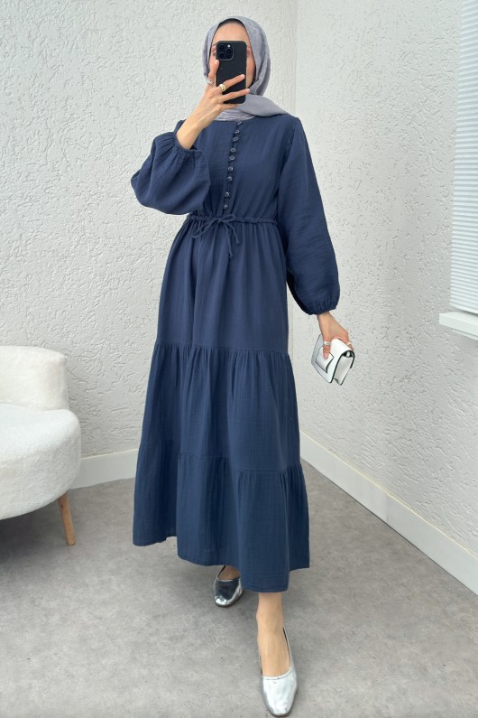 Birit Düğme Detaylı Elbise 2237 - LACİVERT