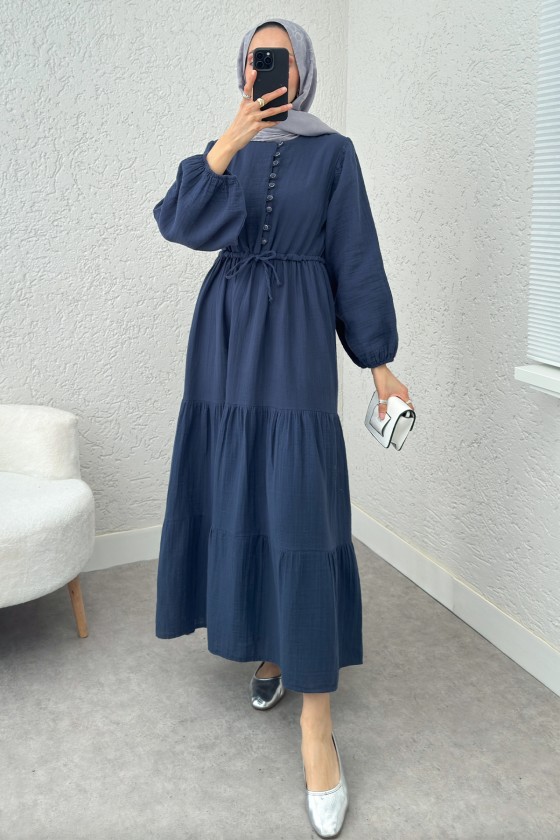 Birit Düğme Detaylı Elbise 2237 - LACİVERT